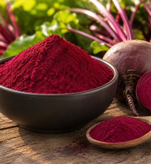 Vibrant natural powder made from fresh beetroot.