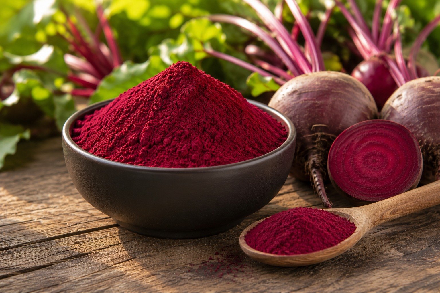 Vibrant natural powder made from fresh beetroot.
