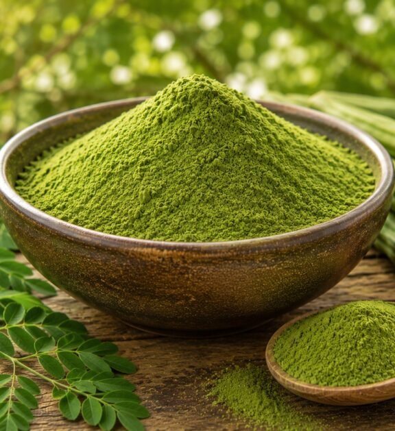Nutrient-dense powder made from carefully dried moringa leaves.