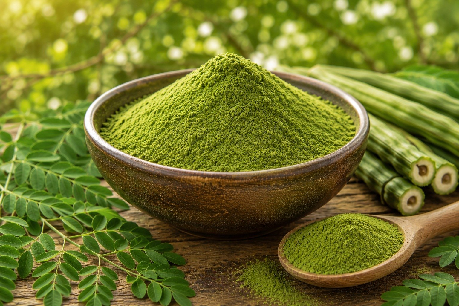 Nutrient-dense powder made from carefully dried moringa leaves.
